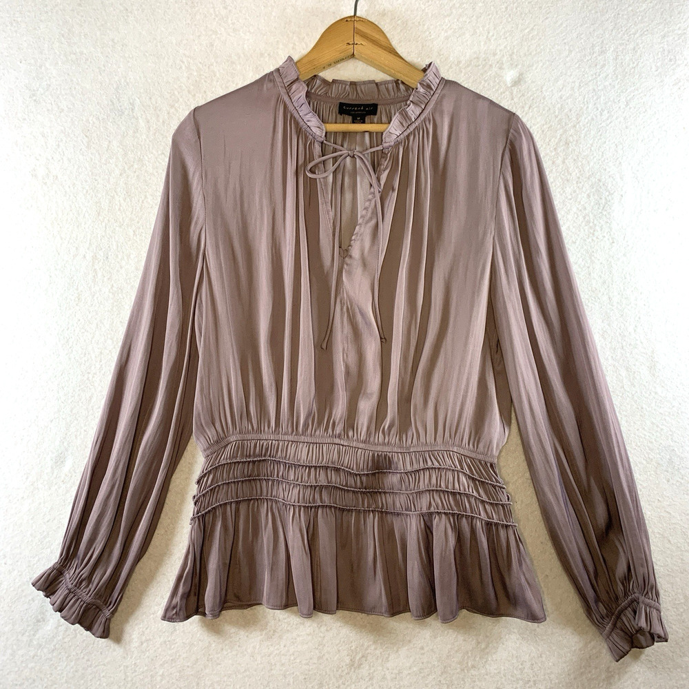 Current‎ Air Womens Top Sz M Taupe Lavendar Pleated Peplum Career Sophisticated